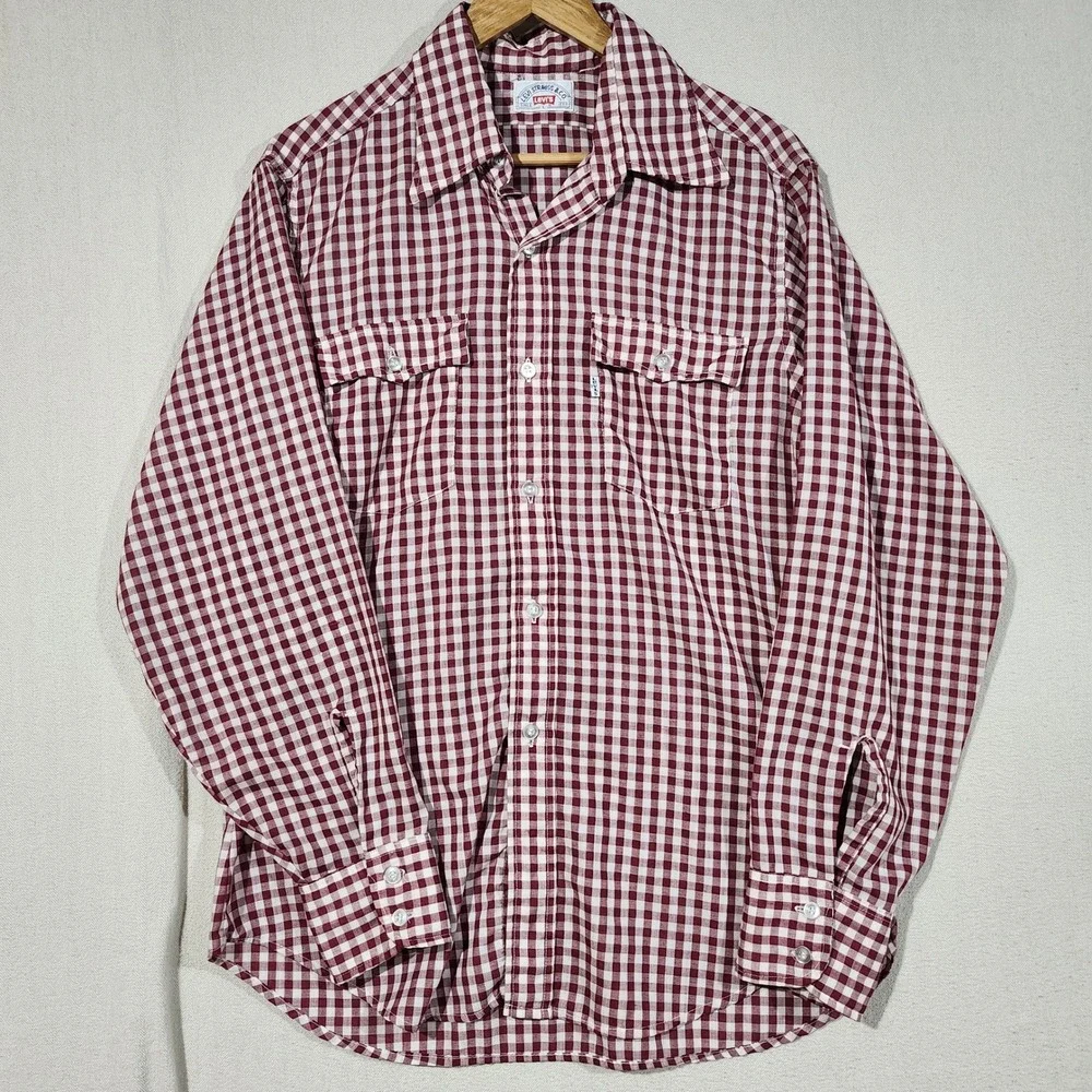 Vintage Levis Men Maroon White Gingham Check Button Down Shirt Large Long Sleeve